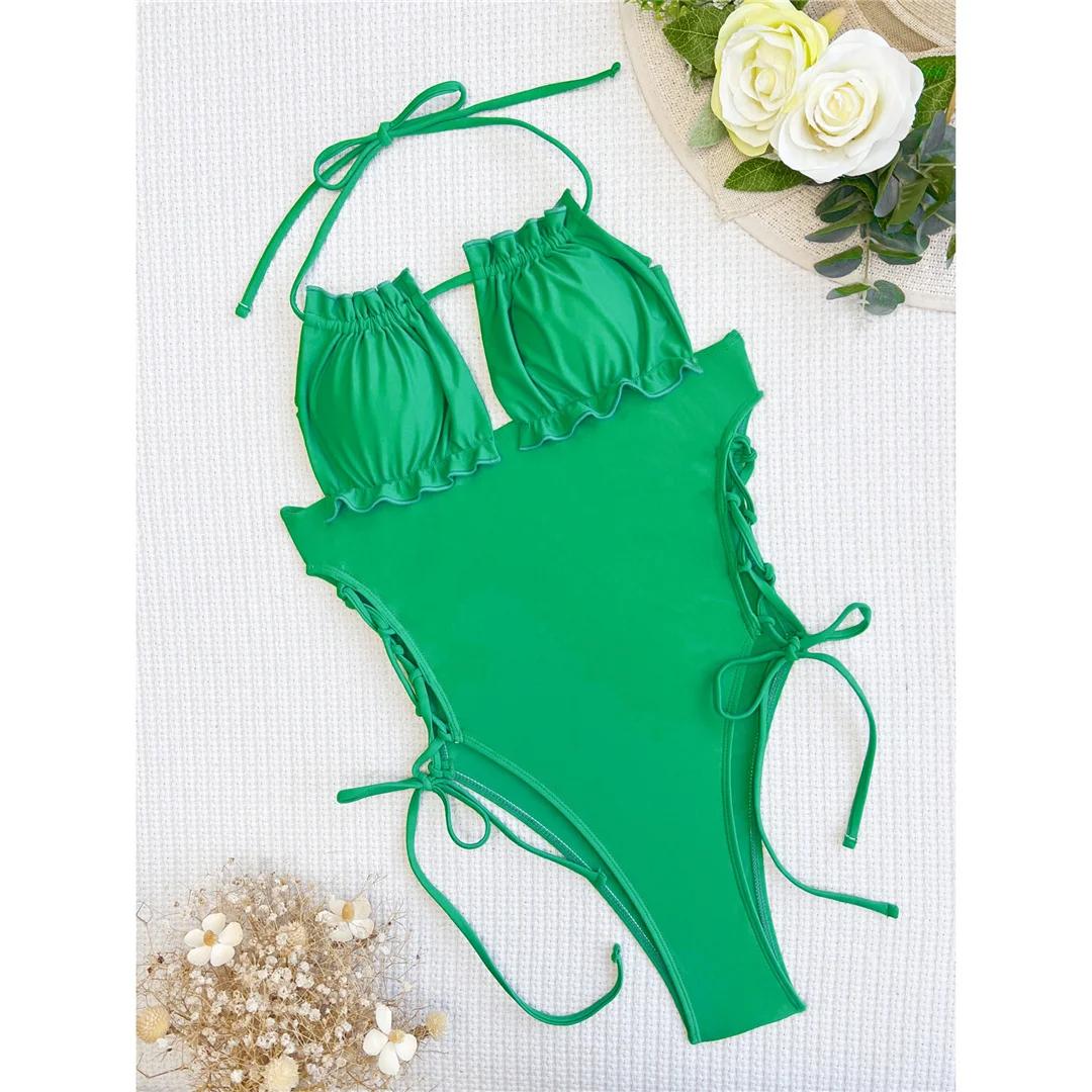 

Плиссированные рюши на шнуровке с высоким вырезом по ноге, женские купальники, цельный купальник, женский монокини с открытой спиной, купальный костюм для плавания L