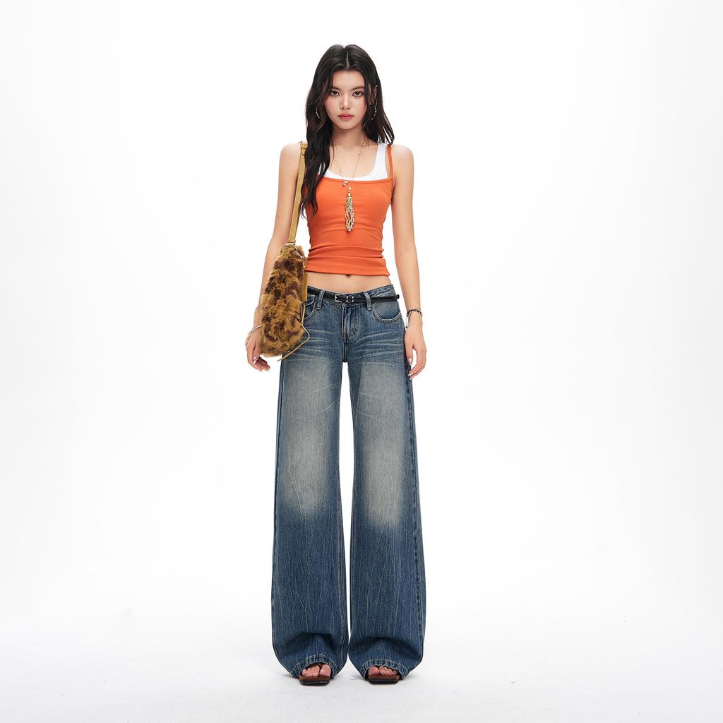 Spring and summer new American retro tie washing process low waist thin slightly loose horn jeans women