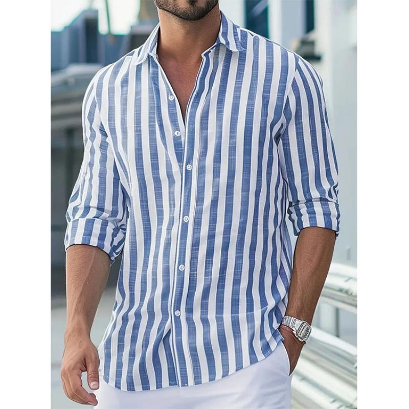 Men Long Sleeve Striped Turn Down Collar Casual Daily Shirt