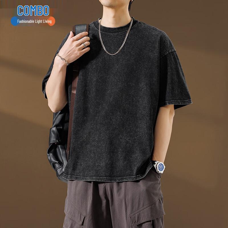 

KANG BO Men s American Retro Washed Heavyweight Loose Fit Short Sleeve T-Shirt M
