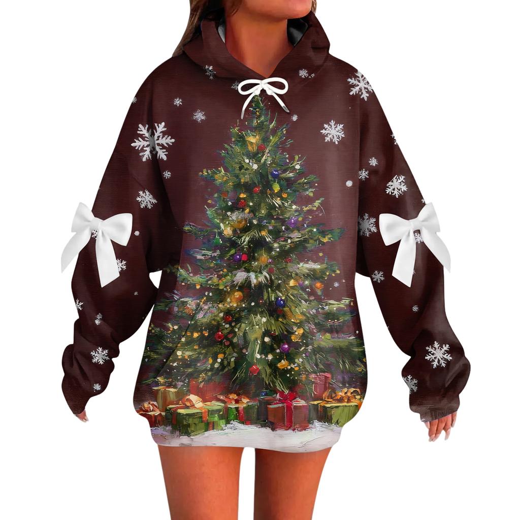 Ladies' Christmas Printed Bow Long Sleeved Loose Fitting Headband With Rope Hooded Sweatshirt Top