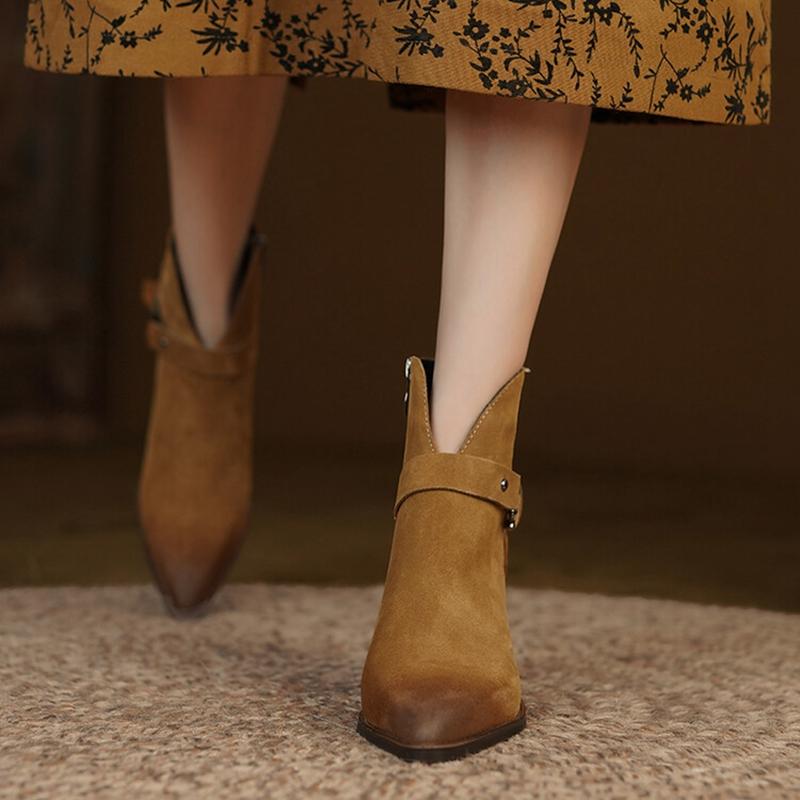 Fashion NEW Autumn Women Boots Pointed Toe Chunky Shoes Women Cow Suede Black Shoes Women Concise Western Boots Cowboy Boots for Women