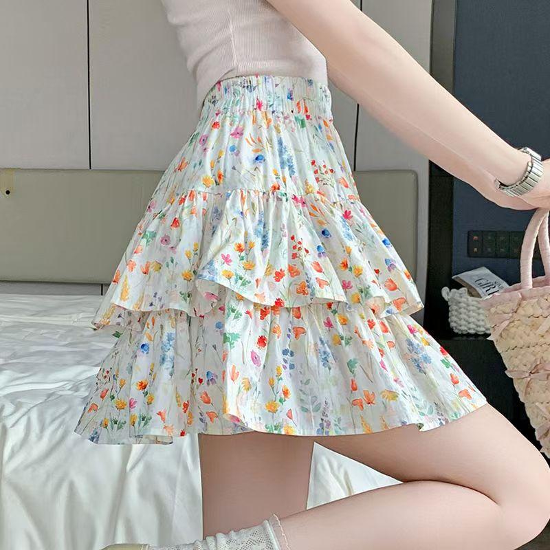 

Korean Style Vintage Floral A- Line Mini Skirt Women s Casual High Waist Anti-Light Spring Summer New Style Cake Short Skirt Asian S