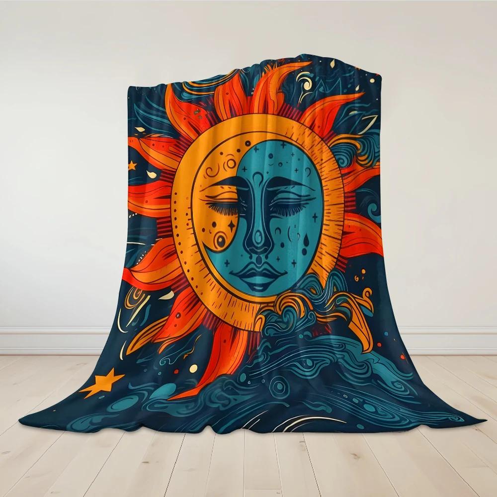 Sun & Moon Tribal Flannel Blanket Warm Soft Halloween Christmas Couch Warm Cozy Decorative Decor Gift for All Season