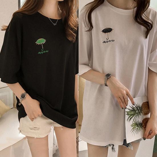 Damski T-shirt z krótkim rękawem z haftem parasola, z okrągłym dekoltem, oversize, top, długa bluzka