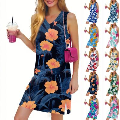 Robe de plage décontractée d'été à col en V pour femmes, robe d'été sans manches avec fente