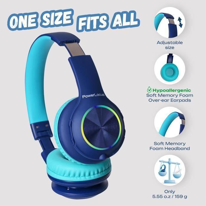 Casque enfants bluetooth - powerlocus - hd stereo - lumières led - recharge rapide - micro intégré