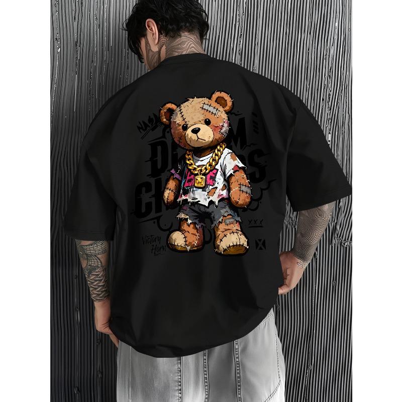 American Street Style Battle-Damaged Bear Graffiti Slogan Letter Print T-Shirt, Cool and Stylish Men's Top