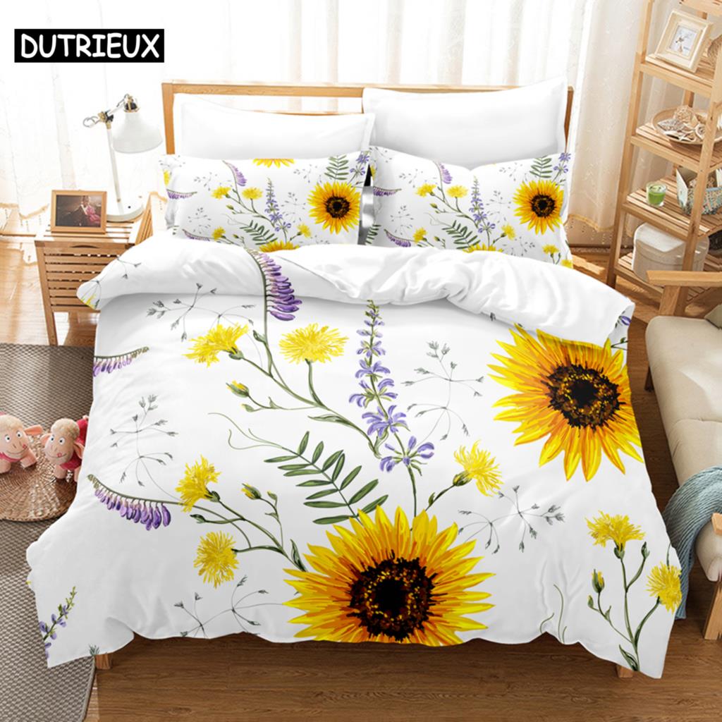 Floral Quilt Cover Queen Size Sunflower Duvet Cover 3D Bedding Set 3Pcs 2Pcs With Pillowcase King Full Twin Single Double Beds