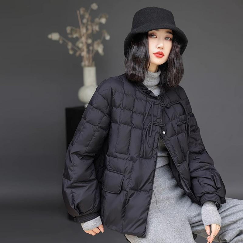 White duck down new Chinese fungus edge down jacket women's 2024 winter fashion retro buckle warm jacket