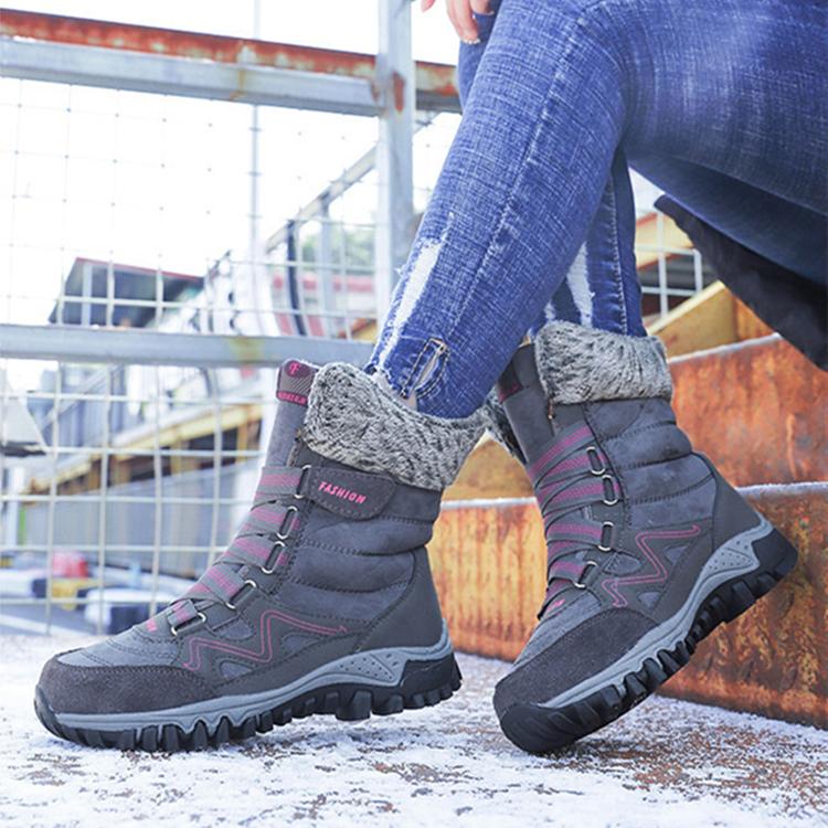 Women Winter Velvet Plus PU Snow Boots Casual Suede Medium Warm High Top Cotton Shoes Large Antiskid Solid Color Lace Up Rope