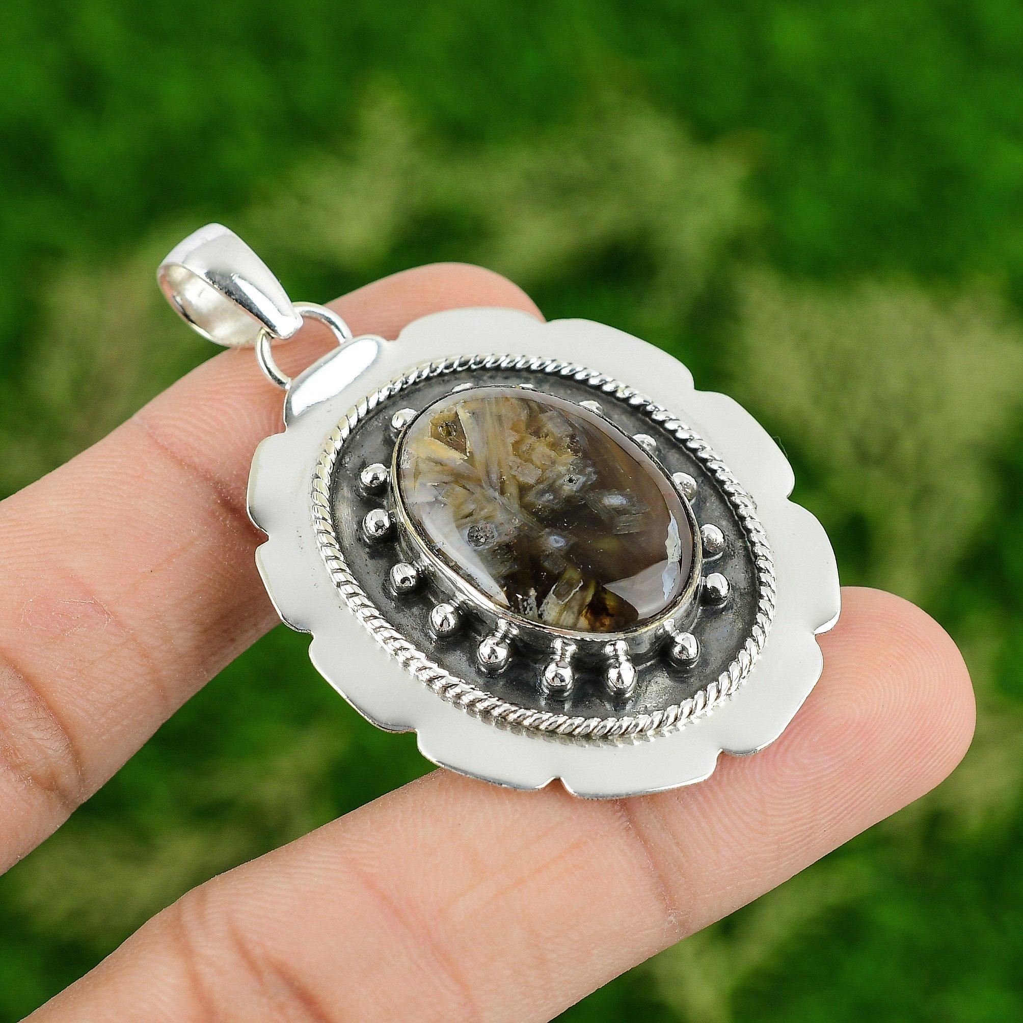 

Sterling Silver Oval Natural Stick Agate Daughter Bezel Anniversary Boho Pendant