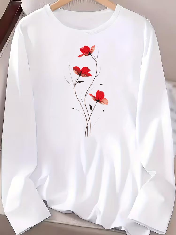 (Asian Size) Graphic Tee Casual Clothing Women O-neck Trend Flower Printed Print T Shirt Autumn Winter Spring Fashion Top Long Sleeve T-shirts