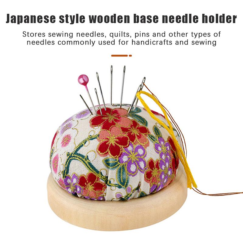 Vintage Stickkissen Halbrundes Nadelkissen mit Holzfuß Nadelhalter für DIY Handwerk Nähzubehör
