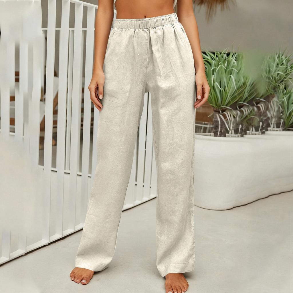 Pantaloni Casual da Donna alla Moda, Colorati, Vita Elastica, Cotone e Lino, Gamba Dritta Larga
