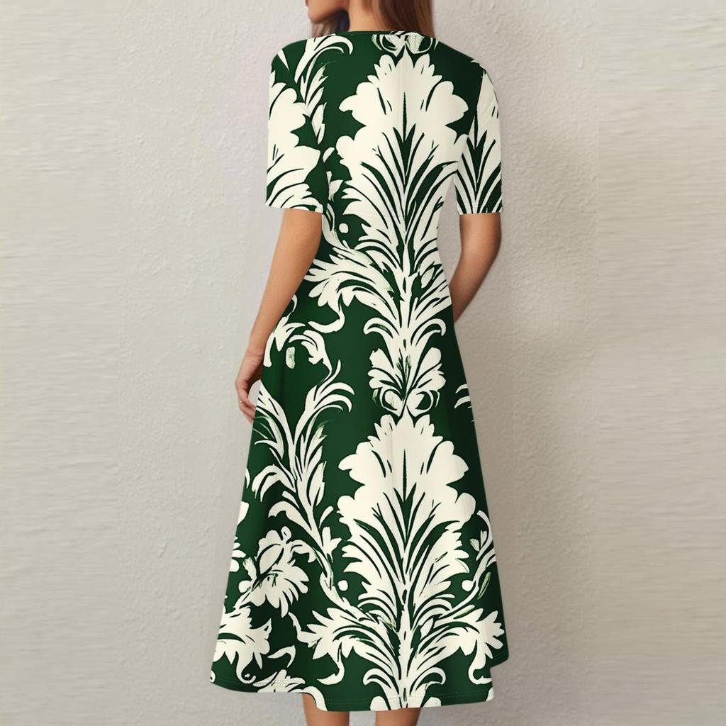 Damen Freizeitmode Kleid mit Blumendruck, V-Ausschnitt, kurzen Ärmeln und taillenlang