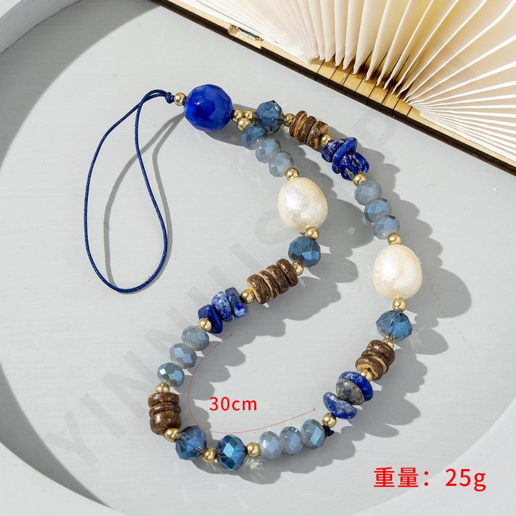New Bohemian holiday style natural gravel mobile phone chain personalized niche crystal pearl mobile phone lanyard