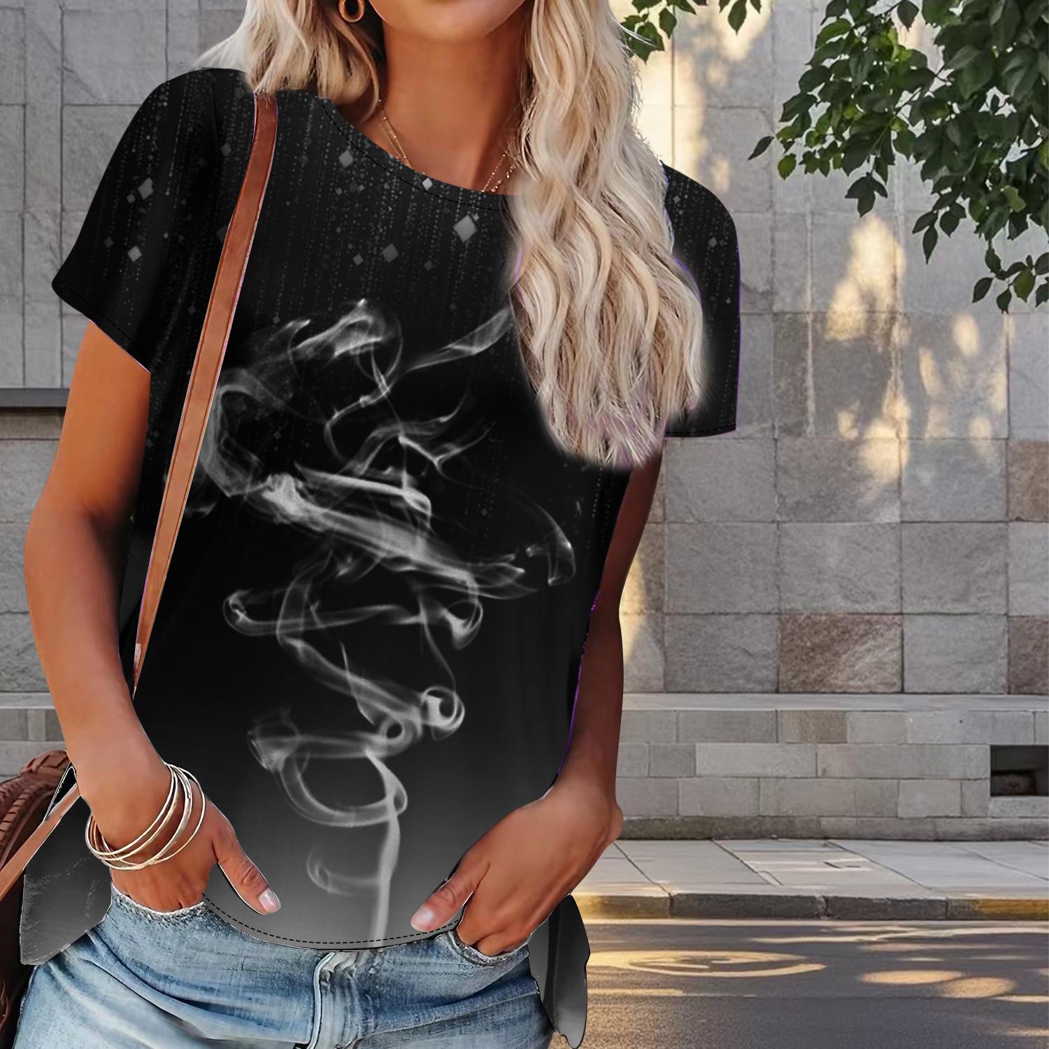 

Женская летняя футболка с дымчатым принтом в стиле ретро, модные футболки с коротким рукавом, повседневные топы с принтом 8XL чёрный