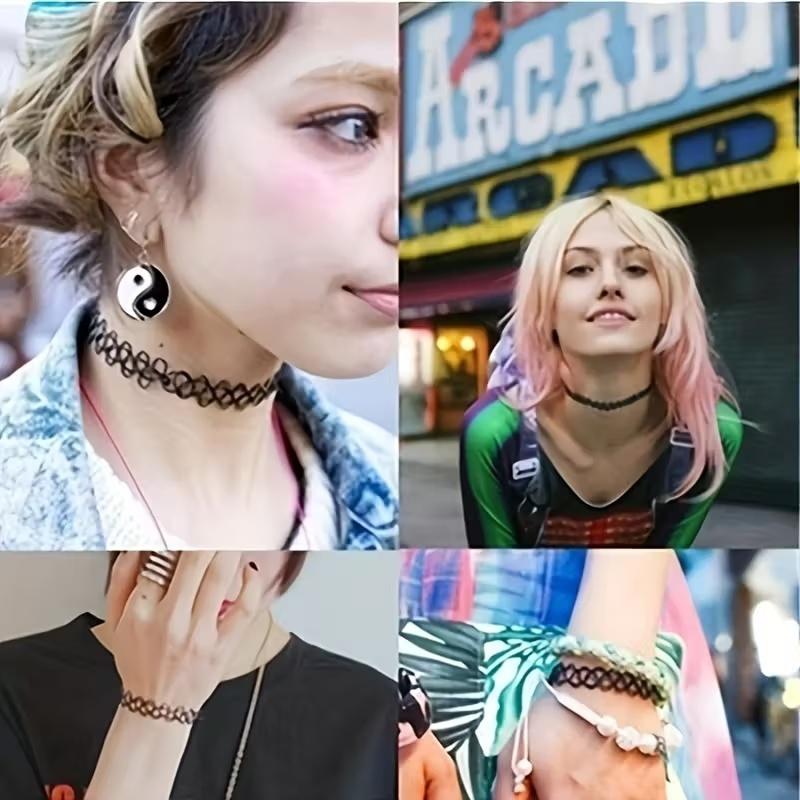 Black Lace Chokers Necklace Set Vintage Gothic Punk Elastic Necklace Women'S Jewelry Adult/Child Size