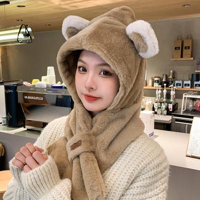 Plush Hat and Scarf All In One Women's Winter Bear Scarf Hat Winter Furry Cycling Windproof and Warm Ear Protection Hat