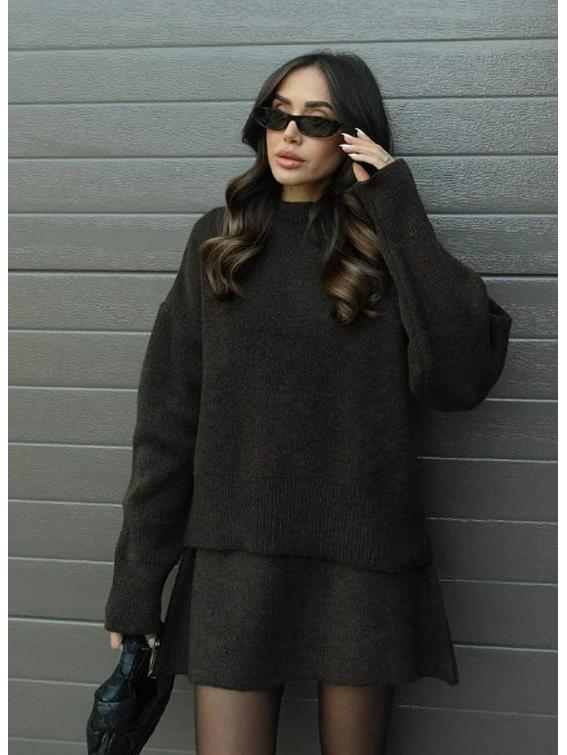 2024 Herbst Einfarbig Lässig College-Stil Gestrickter Pullover Rock Anzug für Damen