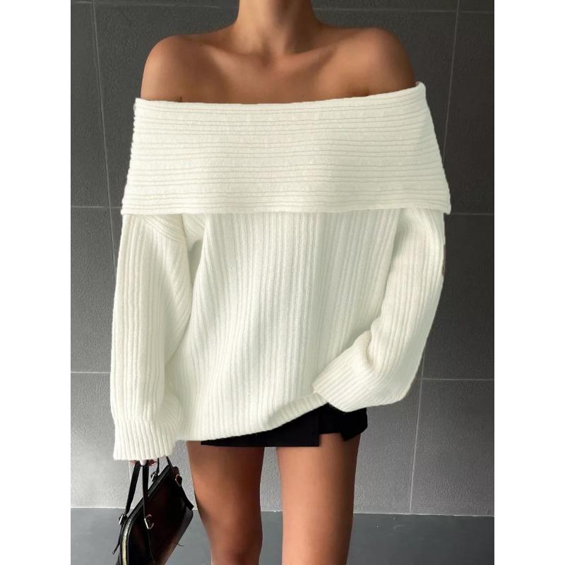 Autumn Winter Loose Casual One Word Collar Solid Sweater Women Sexy Off the Shoulder Bottomed Knitting Top