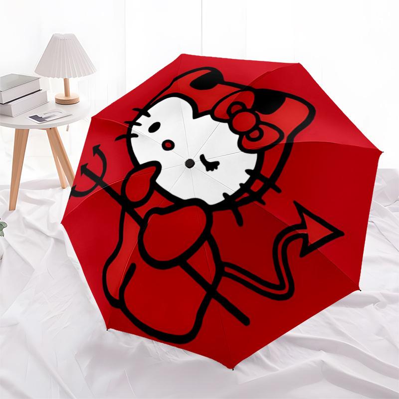 1pc Devil Hello Kitty Automatic Cute Umbrella 8-Bone Design Compact Gear for Outdoor Travel, Perfect Helloween Chrismas Gift for Friends or Family Yy2