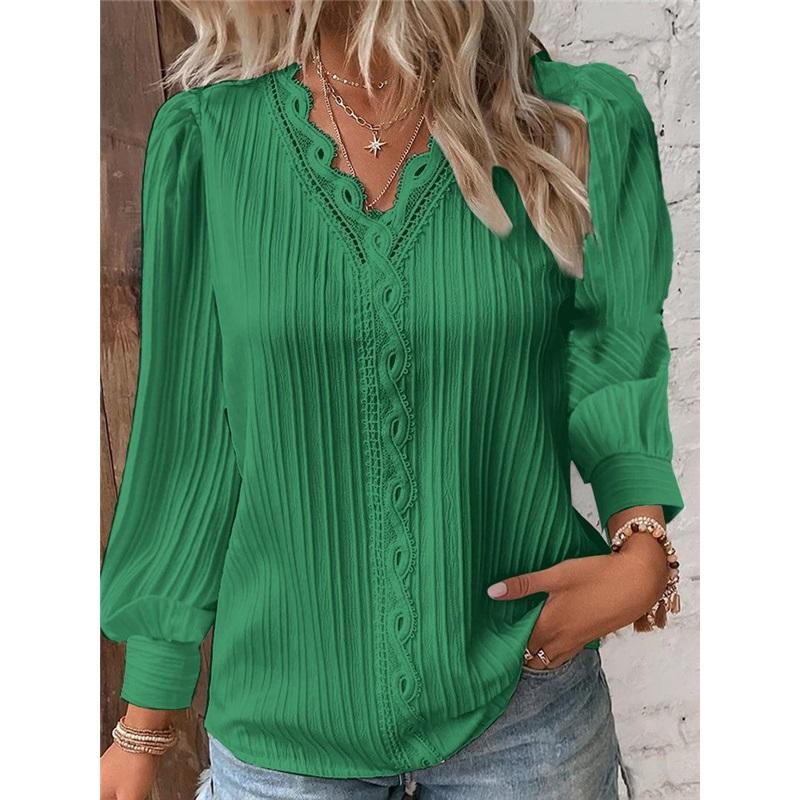 Long-sleeved V-neck Lace Stitching Shirt Blouse Women's Clothing