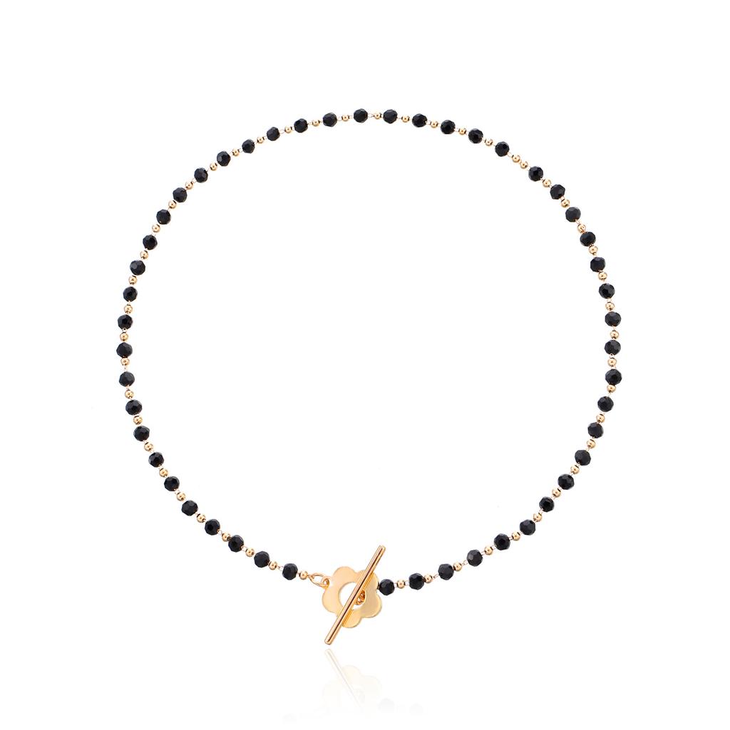 Temperament Black Crystal Glass Bead Chain Simple OT Buckle Short Flower Necklace