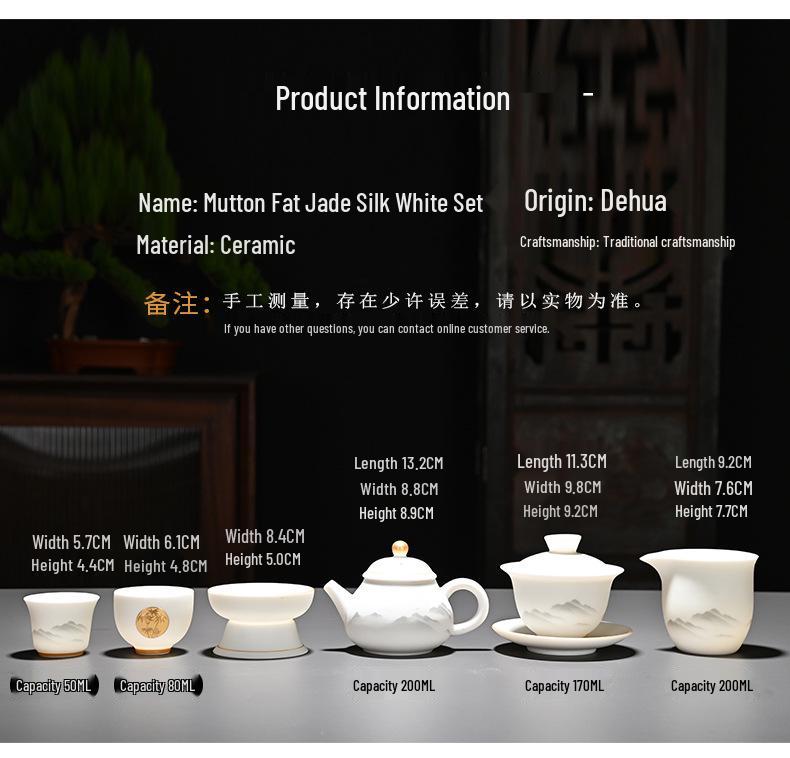 Kung Fu Mutton Fat Jade Gaiwan Teapot Set - Gold-Painted Luxury Tea Set