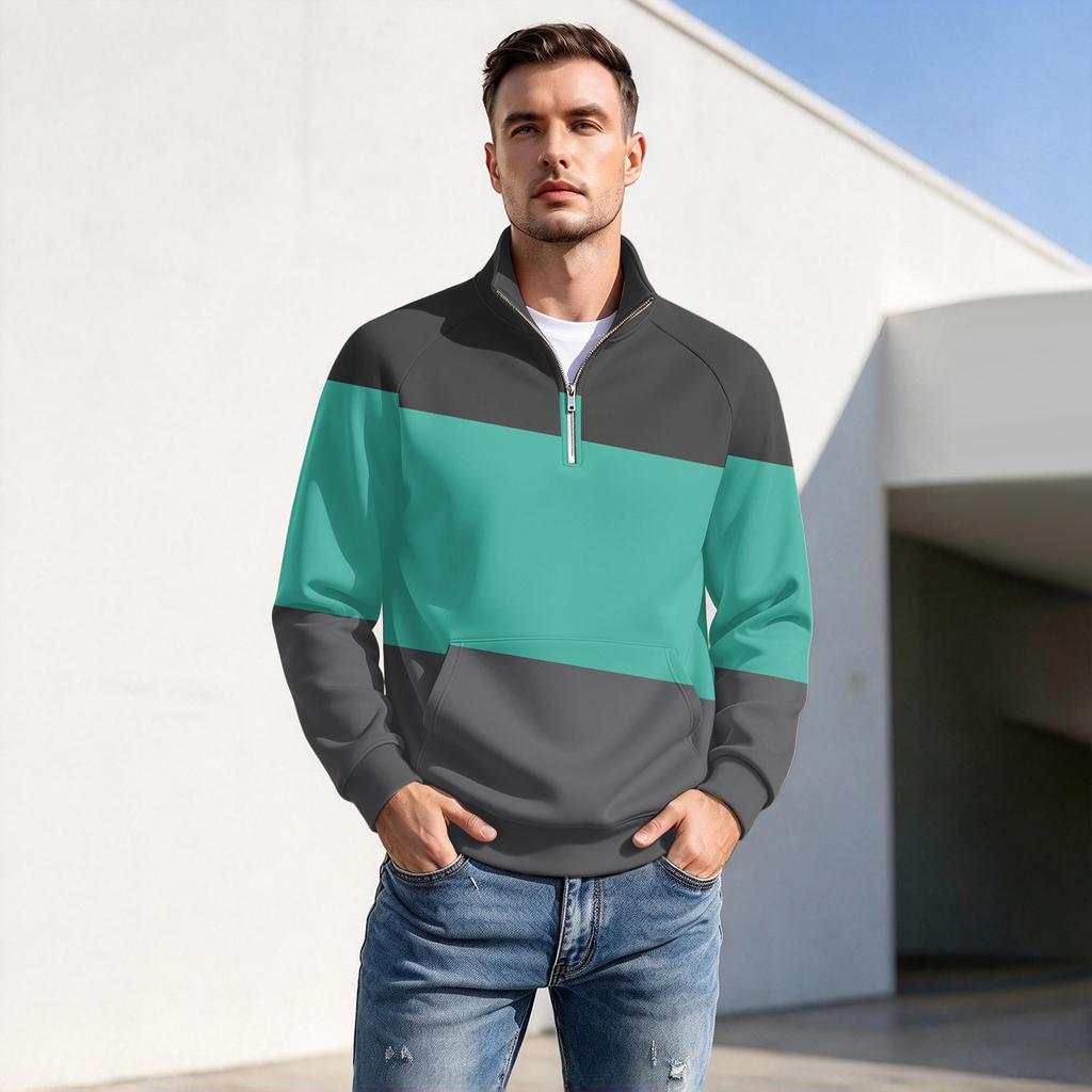 Men's Casual Zip Pullover Top with Stripe Print, Stand Collar, Wrinkle- Fall Winter Athletic Wear