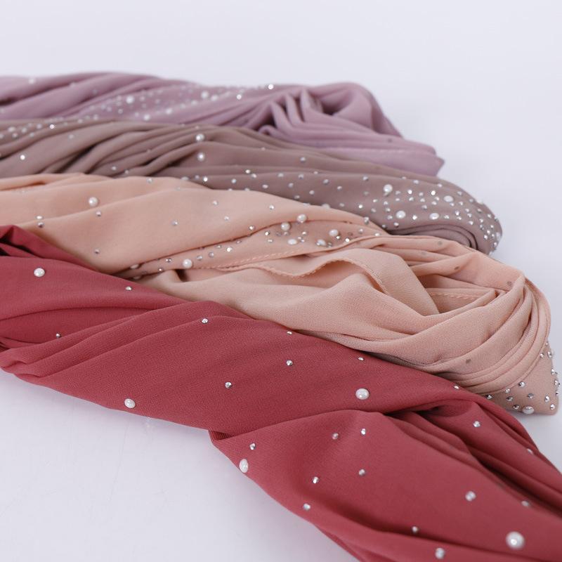 Women Muslim Plain Bubble Pearl Chiffon Scarf Hijab  Diamond Rhinestone Shawls Headband Foulard Femme hijabs Scarves New