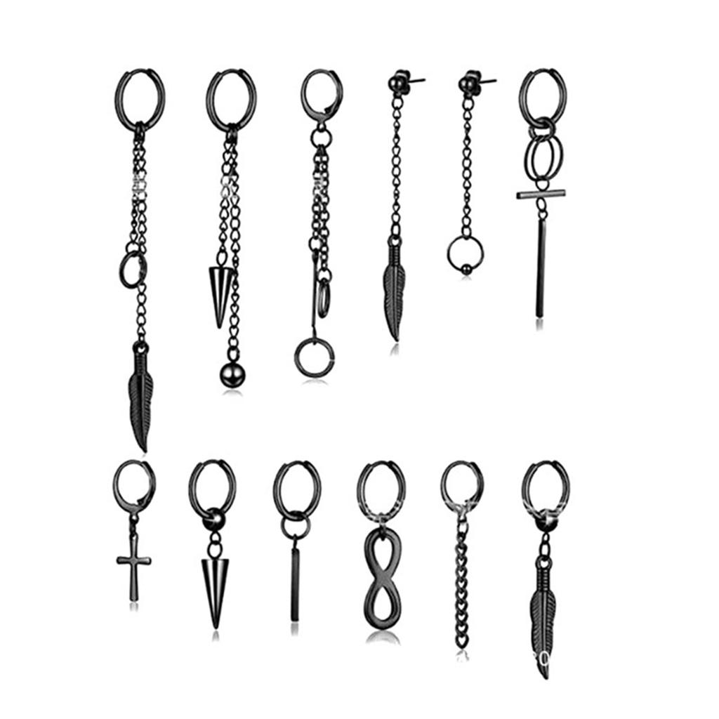 12 ΤΕΜΑΧΙΑ Μεταλλικά Σκουλαρίκια με Κρόσσια Ανοξείδωτα Διακοσμητικά Κρεμαστά Σκουλαρίκια Σετ Κοσμημάτων για τα Αυτιά Μαύρο