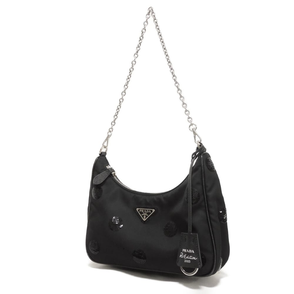 Used 11569 Re-Edition 2005 Re-Nylon Polka Dot Bag 1BH204 7921 Sequin Chain Triangle Logo Black Women's from Japan