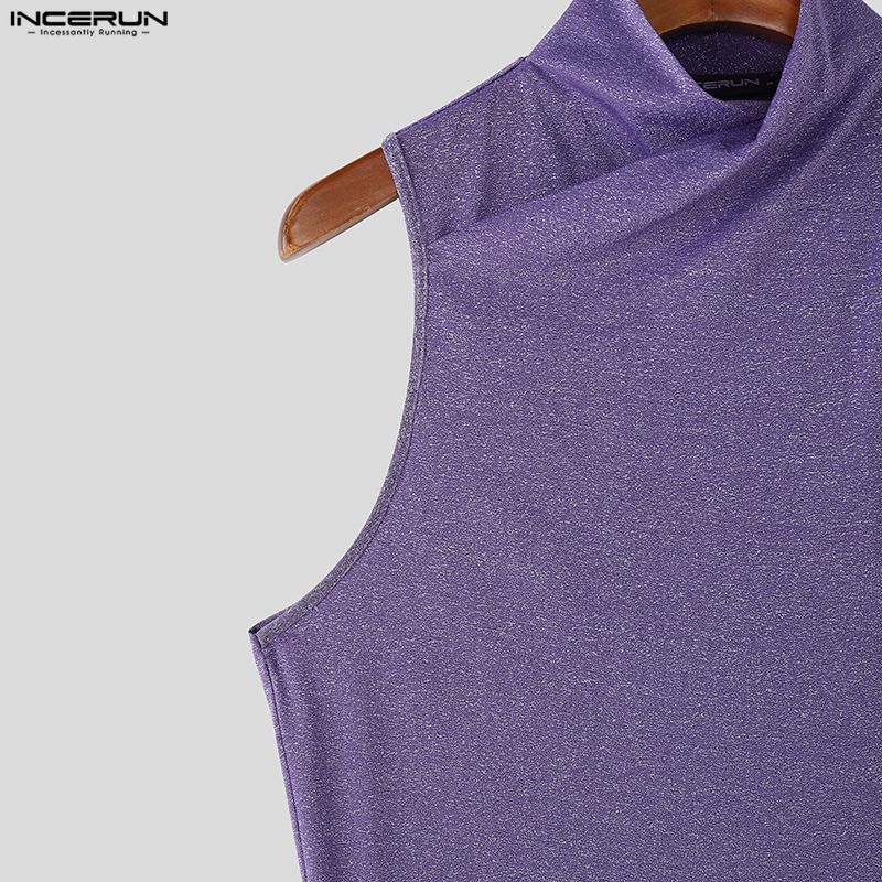 INCERUN Herren Hochgeschlossenes Ärmelloses Einfarbiges Glitzer Figurbetontes Lässiges Tanktop Weste