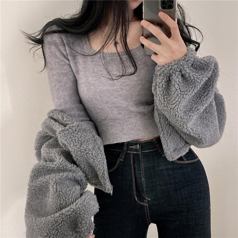 Giacca Corta da Donna di Design con Collo Alto Calda in Finta Lana d'Agnello Autunno e Inverno Ampia e Versatile Cardigan Top con Zip