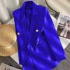 Women Long Sleeve Blazer Jacket Lapel Double Breasted Gold Button Loose Fit Office Casual Suit Outerwear Coat