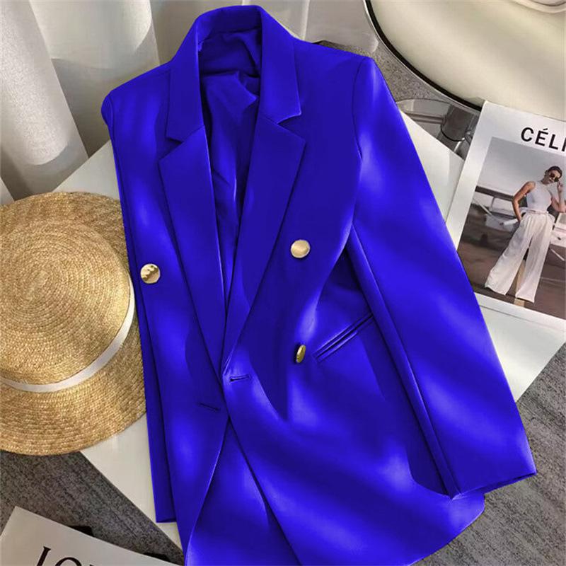 Women Long Sleeve Blazer Jacket Lapel Double Breasted Gold Button Loose Fit Office Casual Suit Outerwear Coat
