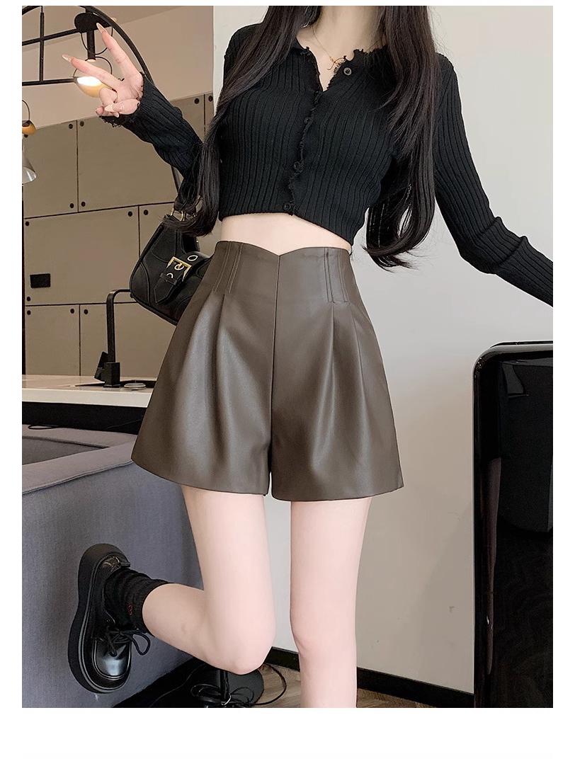 Women s Khaki PU Leather High-Waist A-Line Wide Leg Shorts for Autumn/Winter 2025 3XL