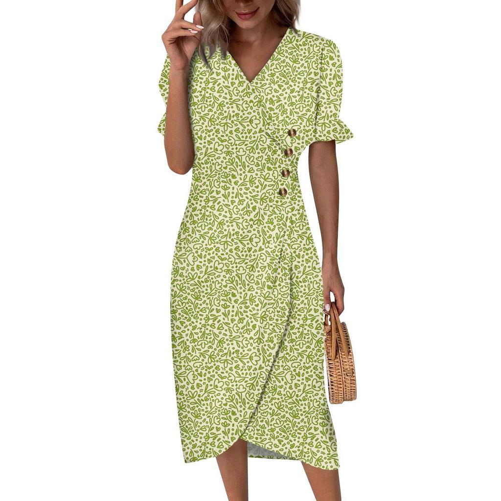 Women's V-neck Puff Sleeve Irregular Flower Print Hem Dress