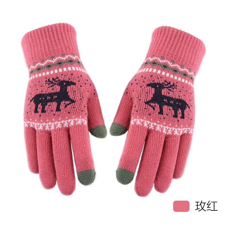 New Jacquard Double-layer Deer Touch Screen Gloves Autumn and Winter Women's Fleece Thickened Warm Wool Gloves