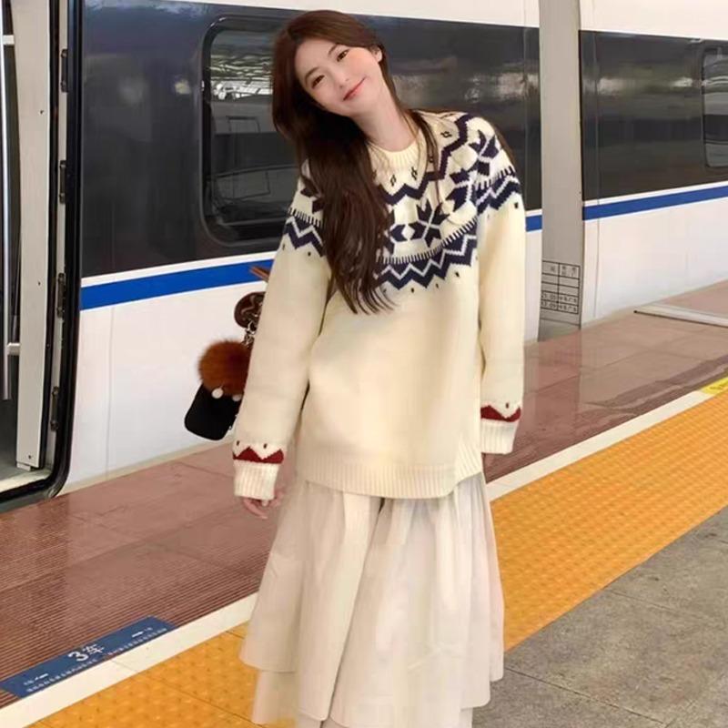 Autumn/winter Korean O-neck Casual Loose Pullover Printed Sweater Women Sweet Long Sleeved Office Knitted Top Office Retro Simple Sweaters
