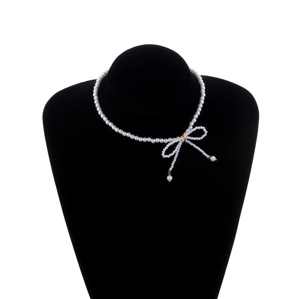 Trendy Full Pearl Fringed Temperament Necklace, Diamond-encrusted Bow Super Fairy Collarbone Chain