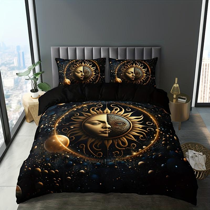 Celestial Sun Moon Stars Duvet Cover Set Golden Printed Bedding Set For Home Decor Includes 1 Duvet Cover And 2 Pillowcases