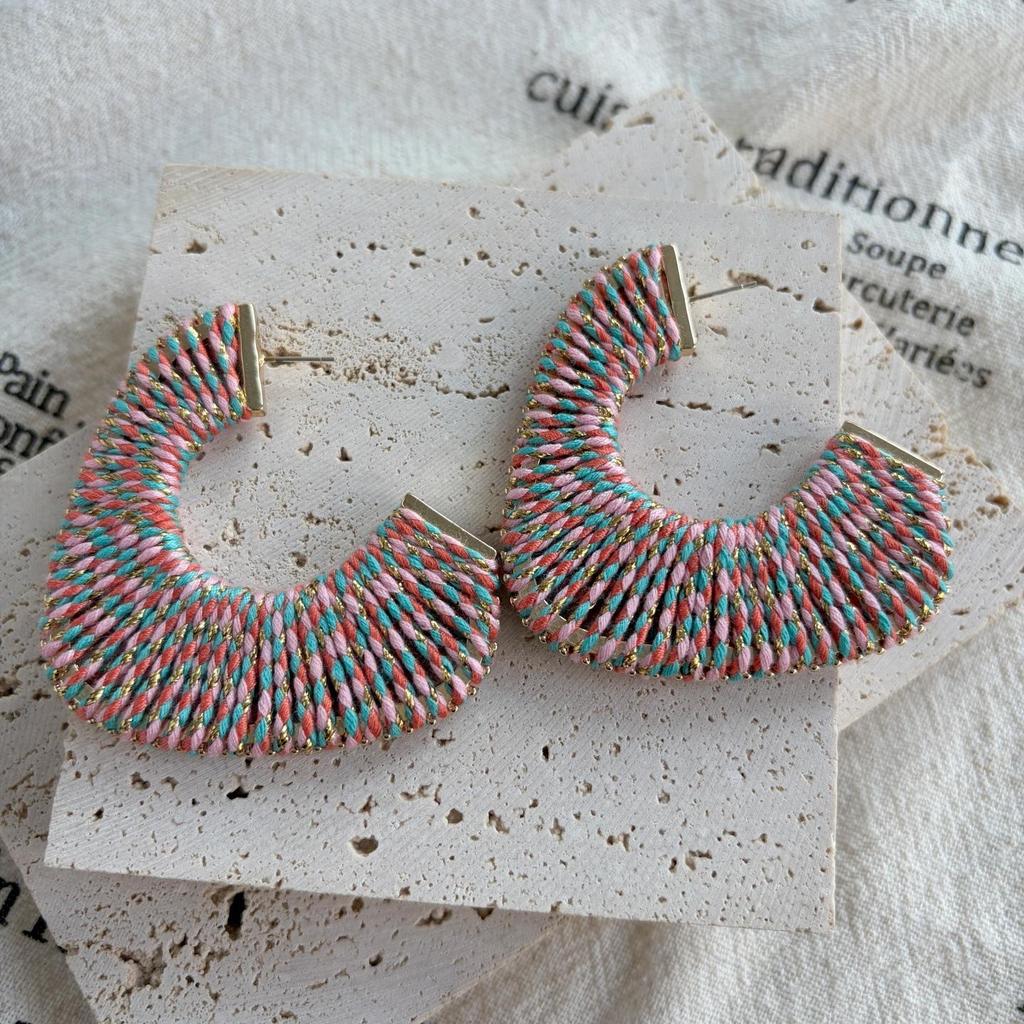 High-End Retro Versatile Ear Cuffs: Colorful Woven Hoops with 925 Silver Studs