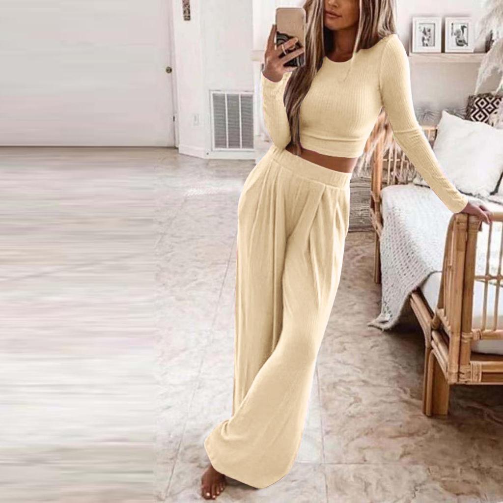 Women's Solid Color Knitted Casual Two-Piece Set - Autumn/Winter Collection