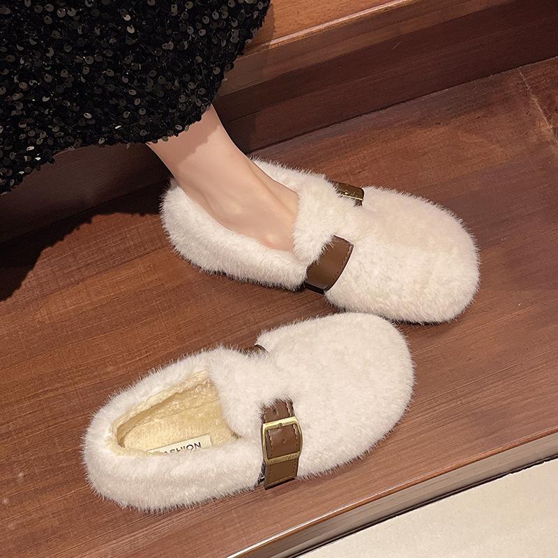 French Fluffy Shoes for Women's Outer Wear 2025 Autumn and Winter New One-pedal Plush Mary Jane Doudou Single Shoes Cotton Shoes