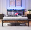 140x200cm Bed Frame with LED Lights, Storage Headboard with USB Charging, Heavy Duty Metal Slat Support, Noise-free, Assembly, No Box Spring Required