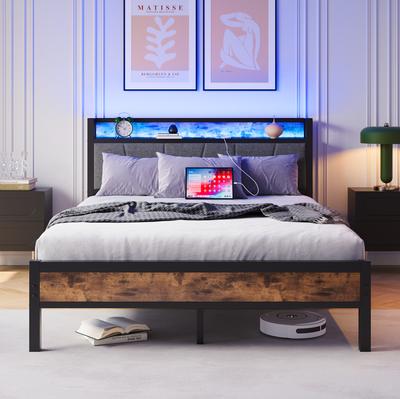 140x200cm Bettgestell mit LED-Leuchten, Stauraum-Kopfteil mit USB-Laden, robuste Metalllattenrost-Unterstützung, geräuschlos, Montage, kein Lattenrost erforderlich