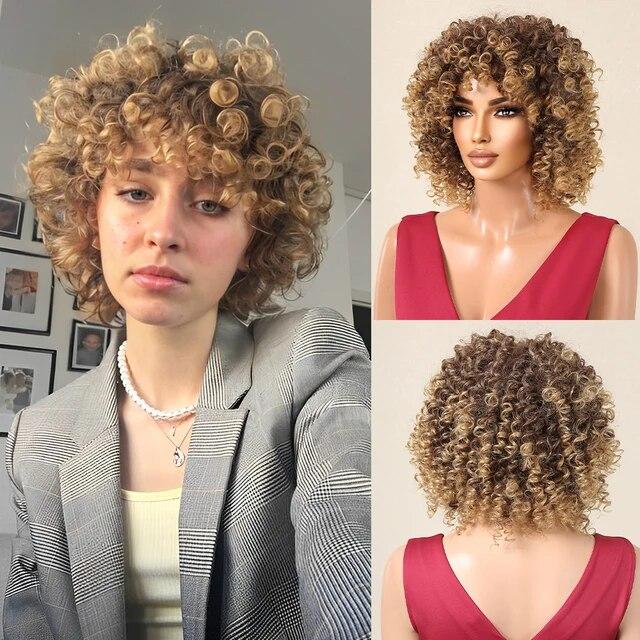 Peruci scurte blonde ondulate afro japoneze din fibre de înaltă calitate pentru femei Peruci ondulate negre pentru femei cu breton Perucă zilnică Cosplay